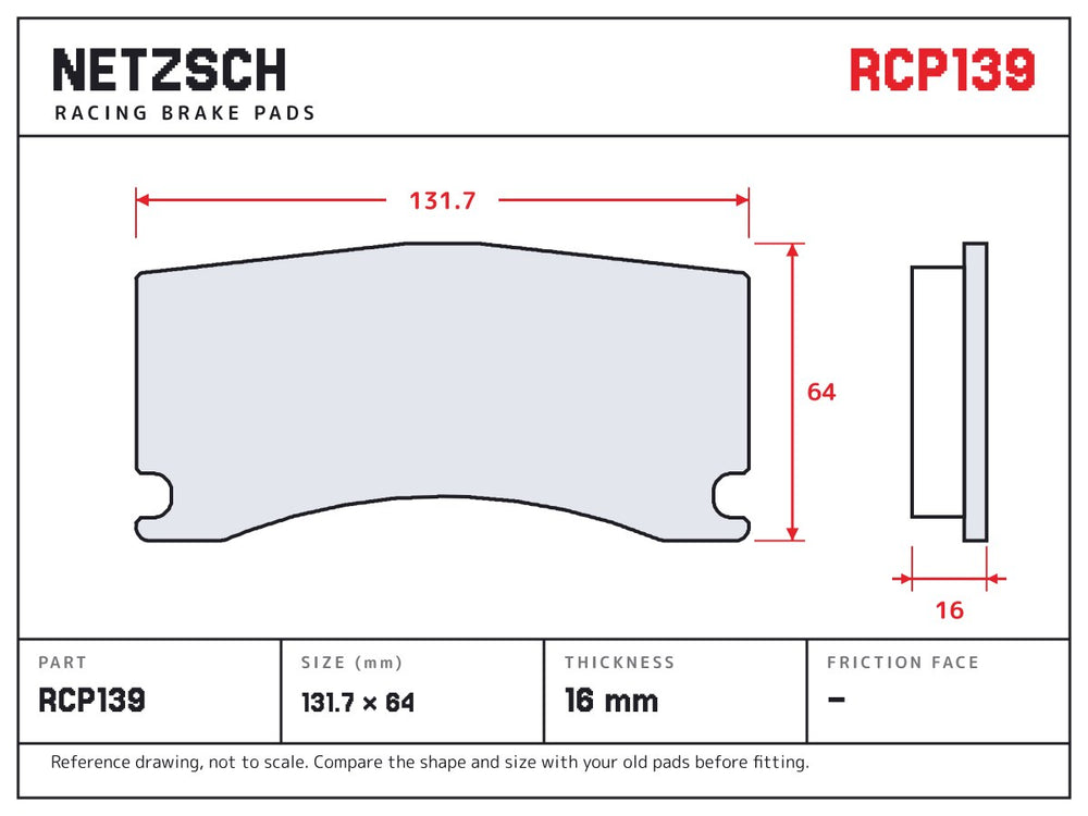 NETZSCH Endless RCP139 brake pad drawing, 16 mm thick