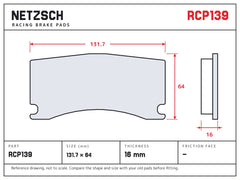 NETZSCH Endless RCP139 brake pad drawing, 16 mm thick