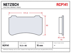 NETZSCH Endless RCP141 brake pad drawing, 15 mm thick