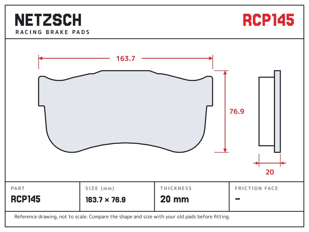 NETZSCH Endless RCP145 brake pad drawing, 20 mm thick