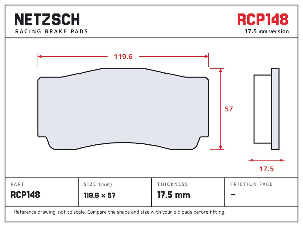NETZSCH Endless RCP148 brake pad drawing, 17.5 mm thick