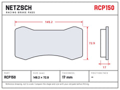 NETZSCH Endless RCP150 brake pad drawing, 17 mm thick