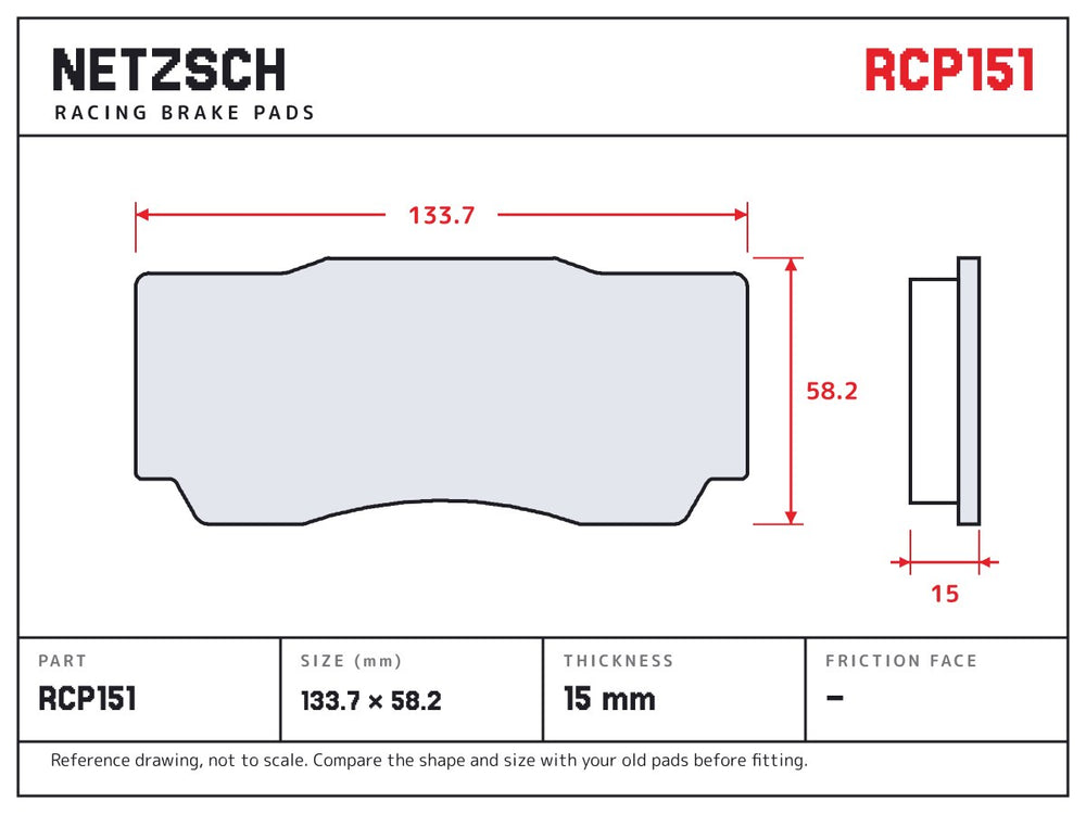 NETZSCH Endless RCP151 brake pad drawing, 15 mm thick