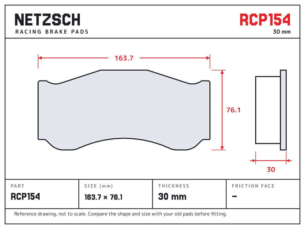 NETZSCH Endless RCP154 brake pad drawing, 30 mm thick