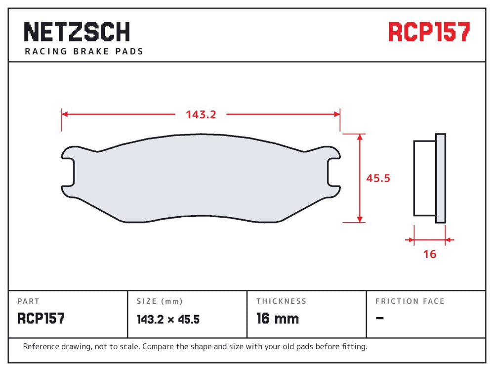 NETZSCH Endless RCP157 brake pad drawing, 16 mm thick