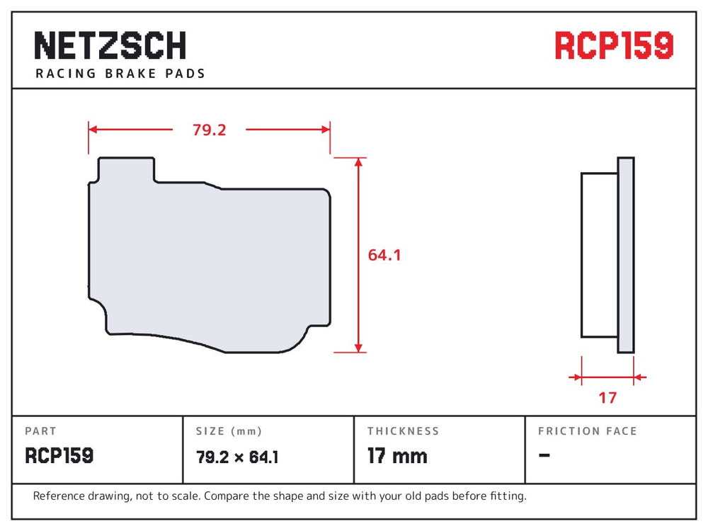 NETZSCH Endless RCP159 brake pad drawing, 17 mm thick