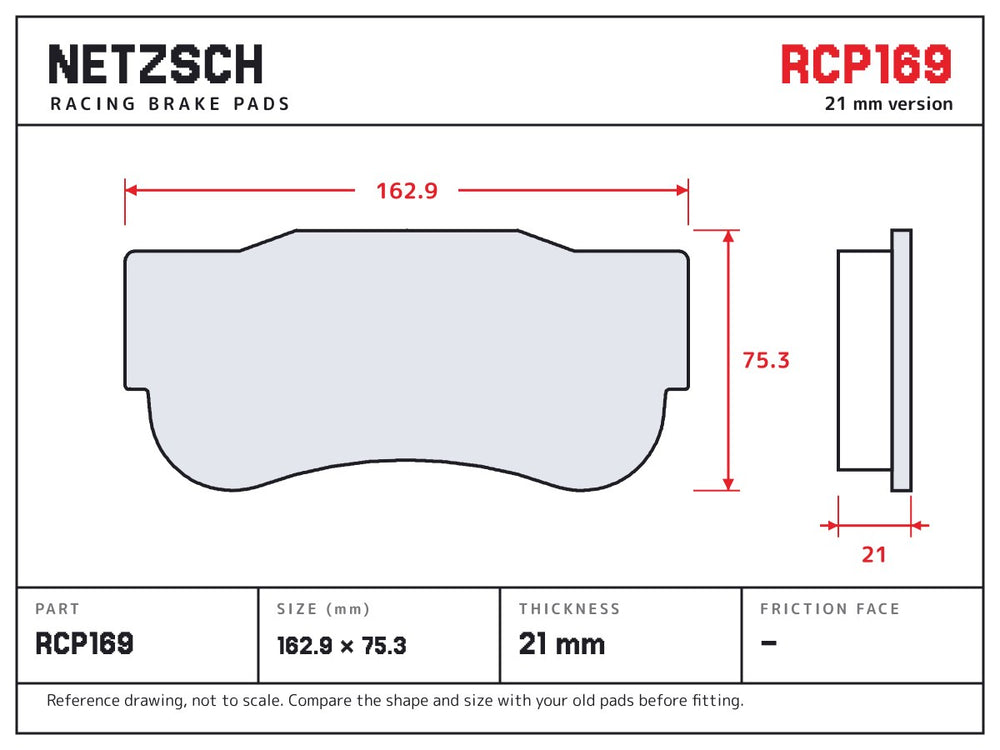 NETZSCH Endless RCP169 brake pad drawing, 21 mm thick