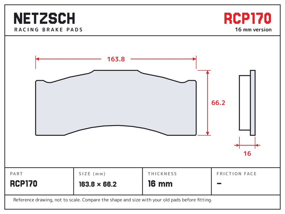 NETZSCH Endless RCP170 brake pad drawing, 16 mm thick