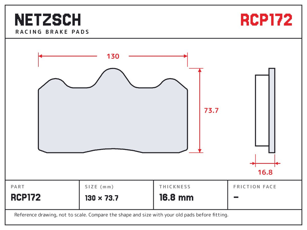 NETZSCH Endless RCP172 brake pad drawing, 16.8 mm thick