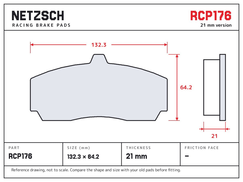 NETZSCH Endless RCP176 brake pad drawing, 21 mm thick