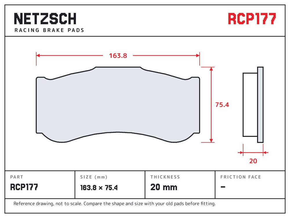 NETZSCH Endless RCP177 brake pad drawing, 20 mm thick