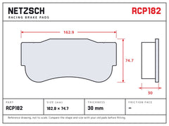 NETZSCH Endless RCP182 brake pad drawing, 30 mm thick