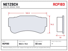 NETZSCH Endless RCP183 brake pad drawing, 32 mm thick