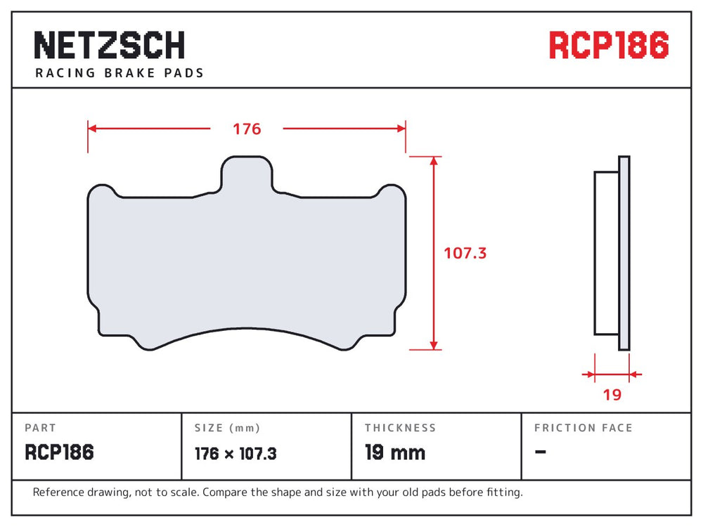 NETZSCH Endless RCP186 brake pad drawing, 19 mm thick