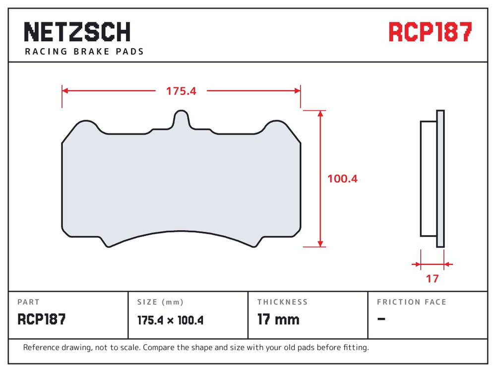 NETZSCH Endless RCP187 brake pad drawing, 17 mm thick
