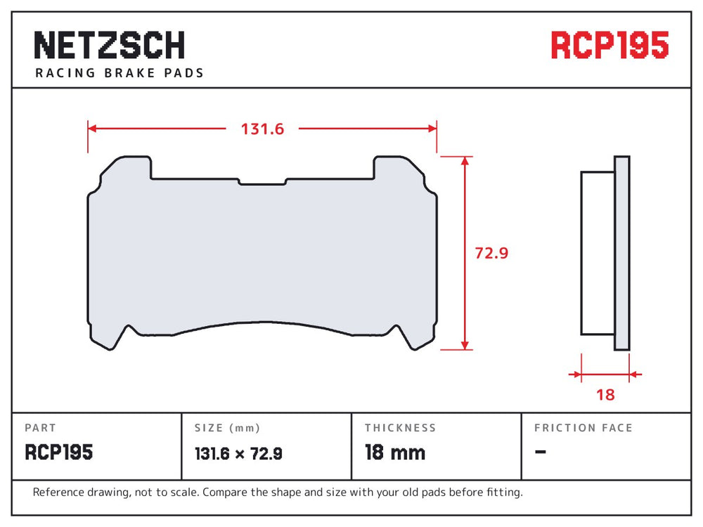 NETZSCH Endless RCP195 brake pad drawing, 18 mm thick