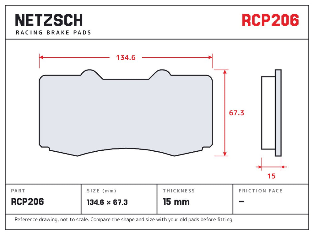 NETZSCH Endless RCP206 brake pad drawing, 15 mm thick