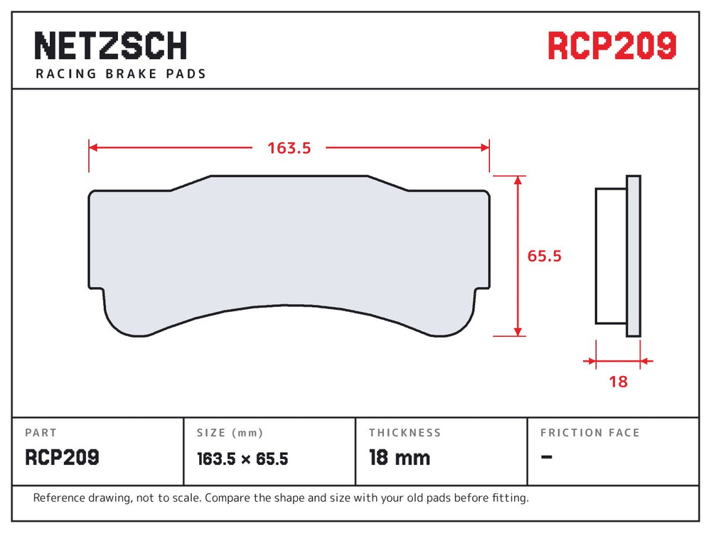 NETZSCH Endless RCP209 brake pad drawing, 18 mm thick