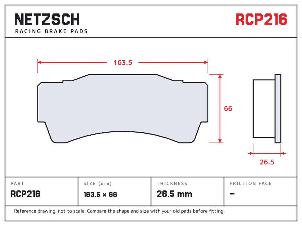 NETZSCH Endless RCP216 brake pad drawing, 26.5 mm thick